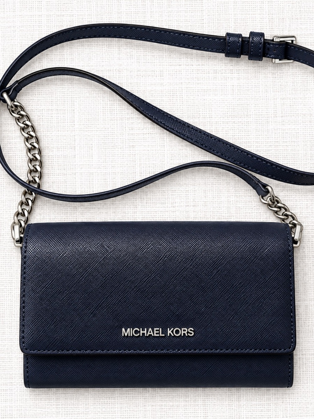 Michael Kors Navy Saffiano Leather Crossbody Wallet with Silver Hardware